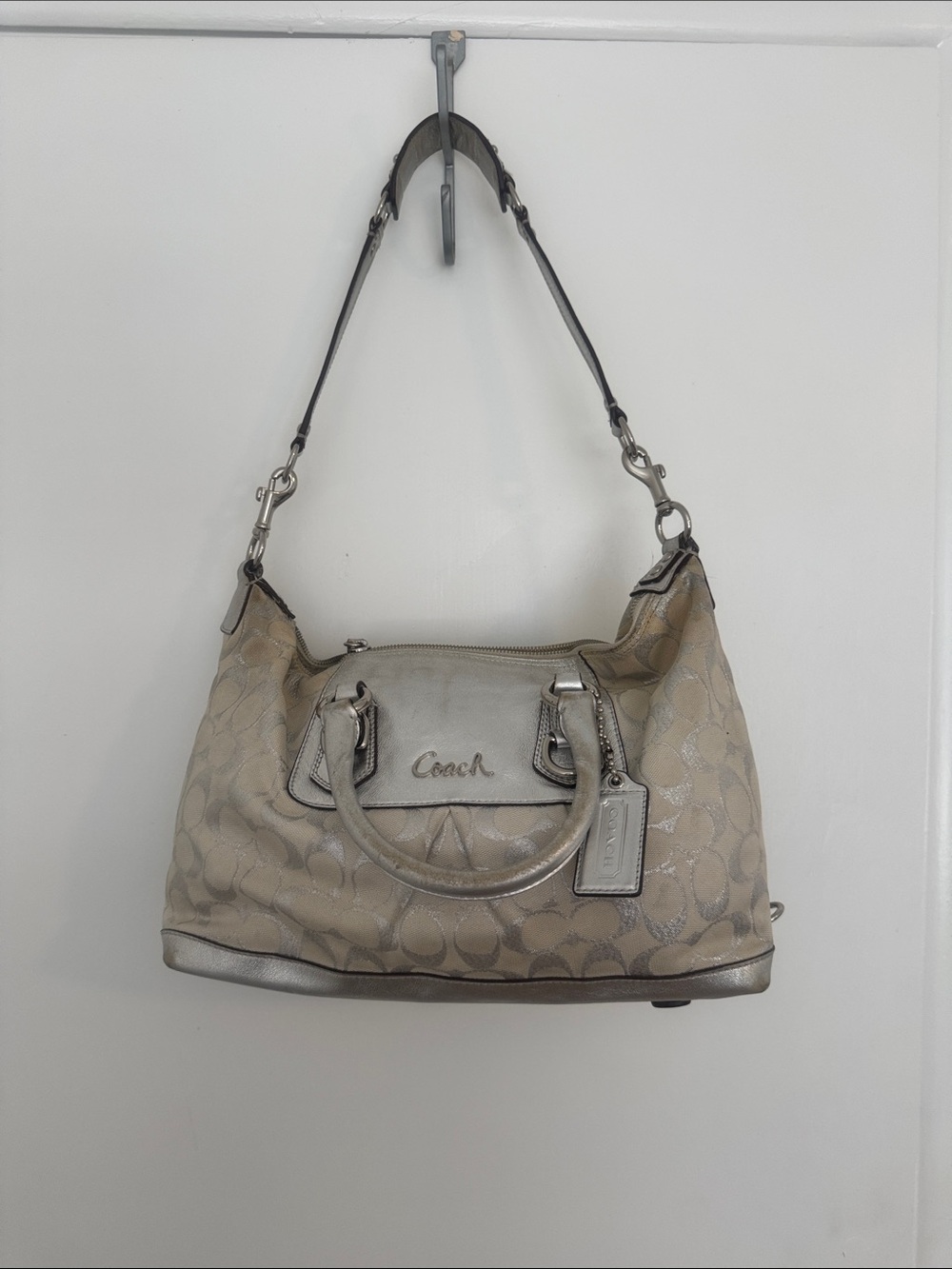 Coach Beige Metallic Signature Satchel